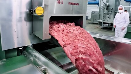 Poster - The Ground meat is being processed and flows from the machinery.