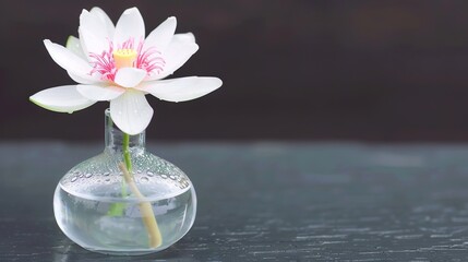 Poster -   A crystal vase holds a white and pink flower, positioned on a dark table with water drops below