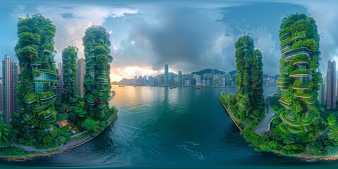 Wall Mural - An immersive 360-degree equirectangular panorama of Hong Kong in the future, featuring vertical forest towers providing habitat for