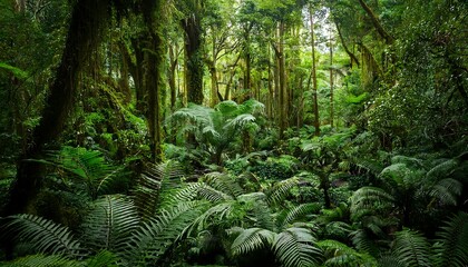 a lush green fern in a dense forest with trees and f