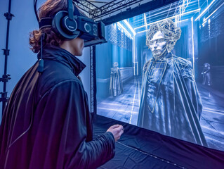 Wall Mural - A man wearing a black jacket is playing a video game with a virtual reality headset on. The game is a sci-fi adventure where the player is controlling a character in a futuristic world