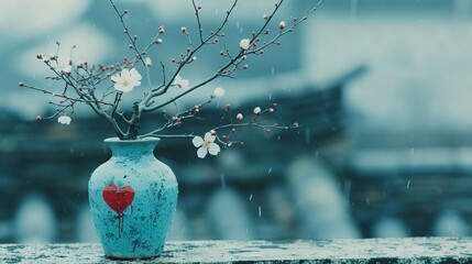 Wall Mural -   A vase featuring a painted heart sits on a table amidst rain, adorned with a tree branch