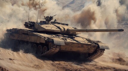 Modern American battle tank in action, navigating rough terrain with formidable firepower.