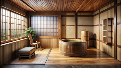 Japanese wabi sabi style bathroom with wooden bath and traditional toilet, Japanese, wabi sabi, style, bathroom, wooden