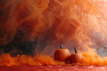 Two pumpkins with swirling orange mist in an abstract setting