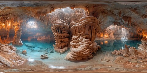 Canvas Print - An immersive 360-degree panorama of a mysterious cave system, with stalactites and stalagmites stretching into the darkness and