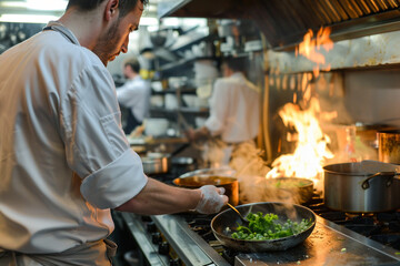 Chef Cooking with Flames in Restaurant Kitchen