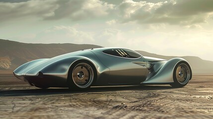 Sleek silver sports car parked on a desert landscape.