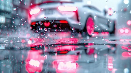 Wall Mural -    a car driving down a rainy street with red traffic signals on the side