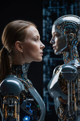 Woman and AI, concept of technology and humans, future of humanity and robotics