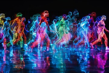 A group of people running with neon light outlines on a dark background with reflections on the ground.