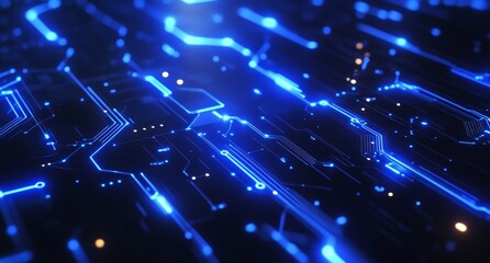Abstract blue technology background showcasing different printed circuit board elements. Bokeh effect and depth of field.