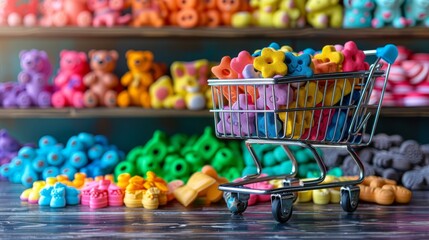 Sticker - Close-up shot of a shopping cart filled with pet toys and treats, isolated on a colorful gradient background, symbolizing love