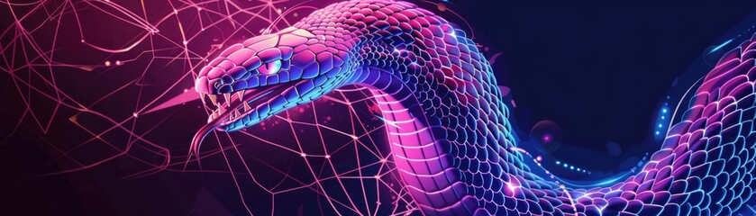 Neon-colored digital snake with geometric scales and glowing eyes, depicting a futuristic and vibrant style against a dark backdrop. ai