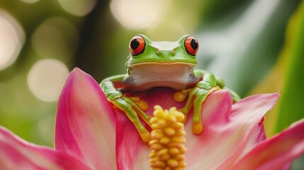 Red-eyed Tree Frog Perched on Pink Flower