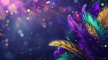 Colorful feathers and bokeh lights on a dark background.