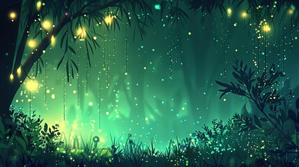 Wall Mural -   A forest at night with glowing fireflies above and numerous lights illuminating the tree canopy below