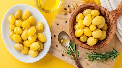 Wall Mural -   Wooden bowl with olives on yellow surface, accompanied by wooden spoon