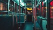 © starush - A bus with empty seats and a red light on the ceiling, AI