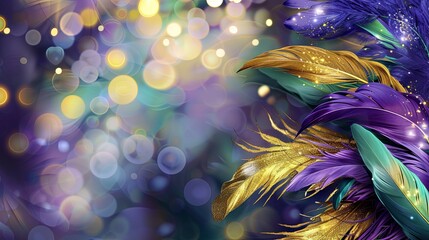 Wall Mural - Purple, gold, and green feathers with bokeh background.