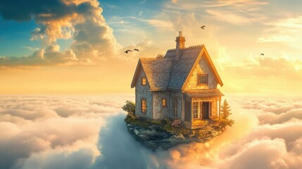 Poster - A house floating in the clouds with birds flying around it, AI