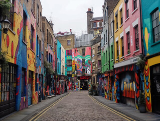 Wall Mural - A colorful street with graffiti on the buildings and a cobblestone road. The street is narrow and has a lot of shops and restaurants