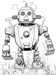 Wall Mural - Coloring book page cover old and rusty robot carton