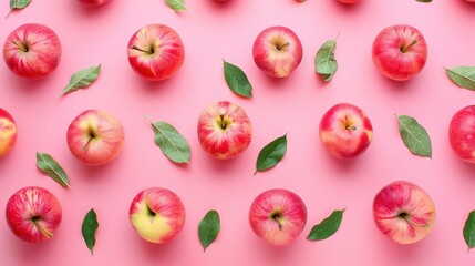 Wall Mural -   A group of red apples with green leaves on a pink background and a green leaf on top of one apple