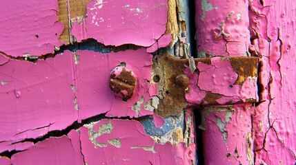 Wall Mural -   A pink door with peeling paint and a rusted lock in close-up