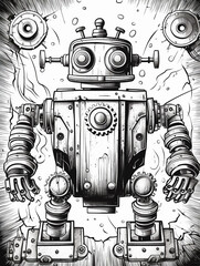 Wall Mural - Coloring book page cover old and rusty robot carton