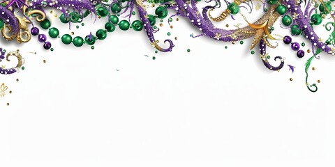 Wall Mural - Festive purple, green, and gold garland with beads and stars on white background.