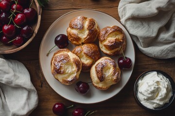 Wall Mural - plate of cherry popovers, beautifully arranged with a bowl of fresh cherries and a small pot of whipped cream on the side, captured in warm, natural lighting