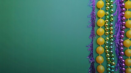 Green background with three strands of Mardi Gras beads.