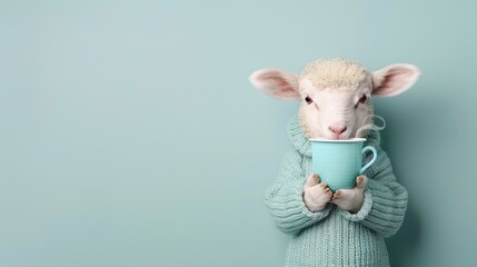 Wall Mural -   A sheep wearing a sweater and holding a cup in its hand, with a sweater on its shoulder