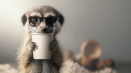 Poster -   A meerkat with a goggling grin, clutching a steaming coffee cup in its paw