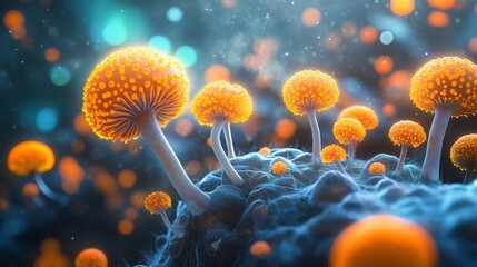 vibrant orange mushrooms growing in a surreal, blue landscape.