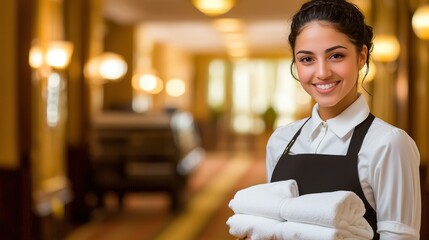 A smiling hotel maid holds a stack of fresh white towels, standing in a warmly lit, elegant hallway, ready to assist guests.