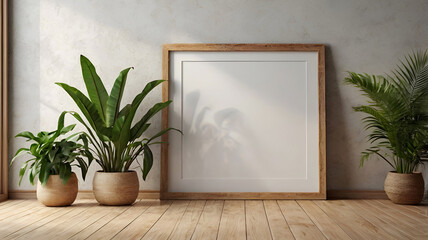 Blank photo frame mockup with tropical Plants on green Wall background, 