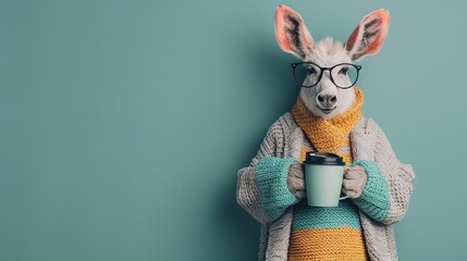 Wall Mural -   A lammas wearing glasses, a scarf holding a cup of coffee in front of a blue wall with a green background