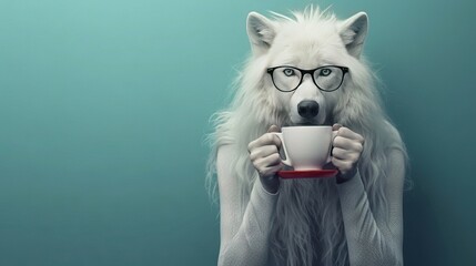 Wall Mural -   White wolf with glasses holds cup and saucer, standing on blue wall