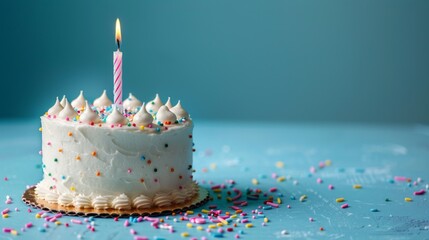 A festive first birthday celebration with a white cake, rainbow sprinkles, and candies on a blue table creates a joyful atmosphere.