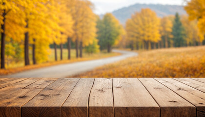 Wall Mural - The empty wooden table top with blur background of autumn Maple leaves. Exuberant image