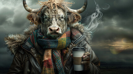   A picture of a bull with eyeglasses and a scarf drinking coffee amidst a gloomy background