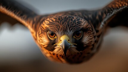 A close-up photo of a falcon with its sharp beak and piercing eyes, wings spread wide as it soars, showcasing its power, precision, and the raw beauty of the wild in detail.