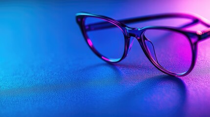 Close-up of glasses with a purple frame, placed on a smooth blue surface, creating a simple yet vibrant visual.