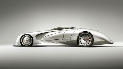 Sleek, silver sports car with a futuristic design on a white background.