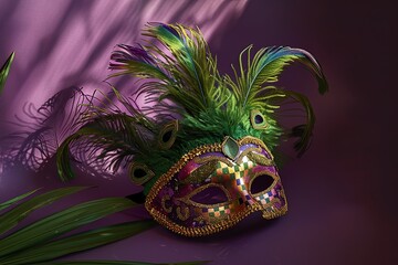 Wall Mural - A colorful masquerade mask with peacock feathers lies on a purple background, with a green leaf in the foreground.