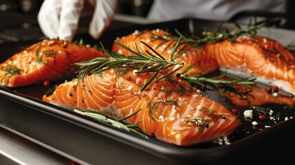 Wall Mural -   A close-up of salmon fillets sizzling on a pan placed on a wooden table The dish is accompanied by a fork and knife, ready for serving