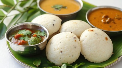 Idli and Vada on a Plate: Soft idlis and crispy vadas served with sambar and chutney, representing a typical South Indian breakfast.