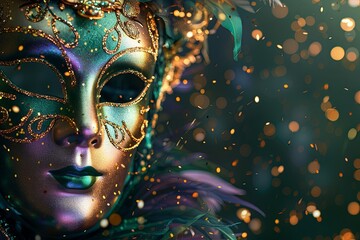 Wall Mural - A close-up of a beautiful masquerade mask with green, gold, and purple colors, decorated with glitter and feathers, with sparkling bokeh in the background.